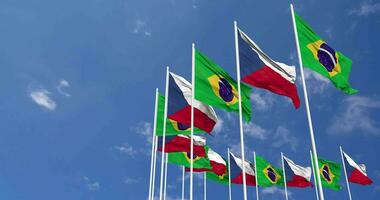 Czech Republic and Brazil Flags Waving Together in the Sky, Seamless Loop in Wind, Space on Left Side for Design or Information, 3D Rendering video