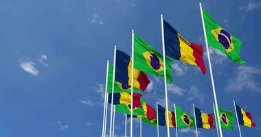 Chad and Brazil Flags Waving Together in the Sky, Seamless Loop in Wind, Space on Left Side for Design or Information, 3D Rendering video