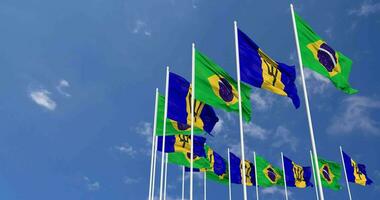 barbados e Brasil bandeiras acenando juntos dentro a céu, desatado ciclo dentro vento, espaço em esquerda lado para Projeto ou Informação, 3d Renderização video