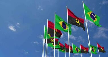 angola och Brasilien flaggor vinka tillsammans i de himmel, sömlös slinga i vind, Plats på vänster sida för design eller information, 3d tolkning video