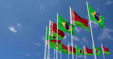 Belarus and Brazil Flags Waving Together in the Sky, Seamless Loop in Wind, Space on Left Side for Design or Information, 3D Rendering video