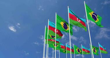 Azerbaijan and Brazil Flags Waving Together in the Sky, Seamless Loop in Wind, Space on Left Side for Design or Information, 3D Rendering video