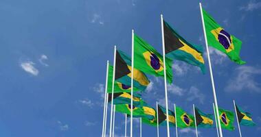 Bahamas and Brazil Flags Waving Together in the Sky, Seamless Loop in Wind, Space on Left Side for Design or Information, 3D Rendering video