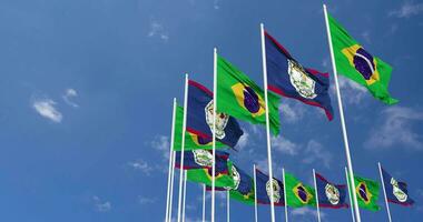 belice y Brasil banderas ondulación juntos en el cielo, sin costura lazo en viento, espacio en izquierda lado para diseño o información, 3d representación video