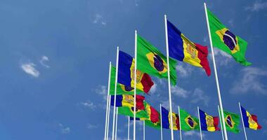 Andorra and Brazil Flags Waving Together in the Sky, Seamless Loop in Wind, Space on Left Side for Design or Information, 3D Rendering video