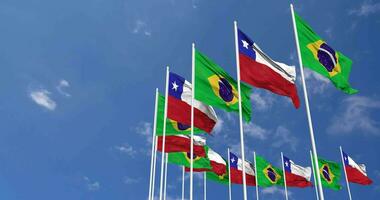 Chile and Brazil Flags Waving Together in the Sky, Seamless Loop in Wind, Space on Left Side for Design or Information, 3D Rendering video