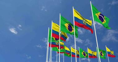 Ecuador and Brazil Flags Waving Together in the Sky, Seamless Loop in Wind, Space on Left Side for Design or Information, 3D Rendering video