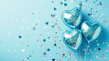 AI generated Generative AI, Foil blue balloons in heart shape and confetti for Valentine's day or wedding with copy space photo