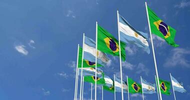 Argentina and Brazil Flags Waving Together in the Sky, Seamless Loop in Wind, Space on Left Side for Design or Information, 3D Rendering video