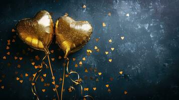 AI generated Generative AI, Foil golden balloons in heart shape and confetti for Valentine's day or wedding with copy space photo