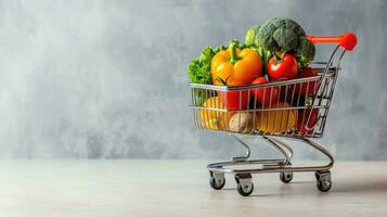 AI generated Generative AI, shopping cart with vegetables and fruit inside, healthy food concept, discount and sale. photo