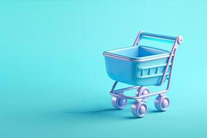 AI generated Generative AI, empty shopping cart on blue background, minimalistic shop online, free delivery, discounts and sale concept. photo