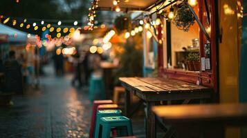 ai generado generativo ai, comida camión calle festival, borroso luces fondo, atmosférico Bokeh, apagado colores foto