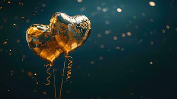 AI generated Generative AI, Foil golden balloons in heart shape and confetti for Valentine's day or wedding with copy space photo