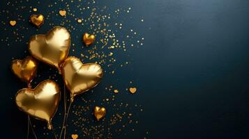 AI generated Generative AI, Foil golden balloons in heart shape and confetti for Valentine's day or wedding with copy space photo