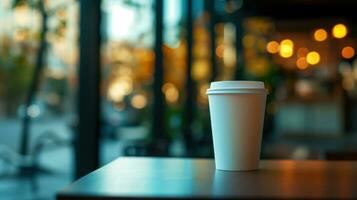 AI generated Generative AI, White paper cup on the table in the coffee shop interior, mug mock up blank. photo