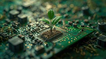 AI generated Generative AI, Plant growing from the circuit board. Ecology and environment concept photo