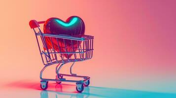 AI generated Generative AI, shopping cart with big heart inside, Valentine day concept, discount and sale. photo