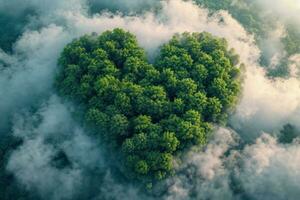 ai generado generativo ai, verde bosque con corazón forma, hermosa paisaje con blanco nubes, ambiente amor planeta concepto foto