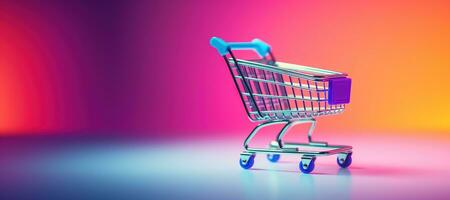 AI generated Generative AI, shopping cart on neon gradient background, 80s and 90s style, minimalistic shop online, free delivery, discounts and sale concept. photo