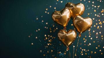 AI generated Generative AI, Foil golden balloons in heart shape and confetti for Valentine's day or wedding with copy space photo