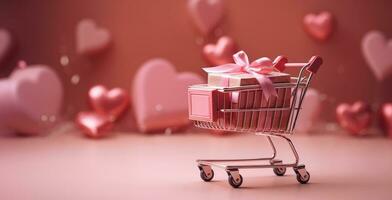 AI generated Generative AI, golden and pink shopping cart with many gift boxes on pink background, Valentine day concept, discount and sale. photo