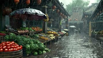 ai generado generativo ai, tradicional oriental asiático mercado con frutas y vegetales debajo el lluvia con paraguas foto