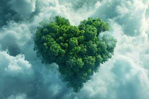 AI generated Generative AI, Green forest with heart shape, beautiful landscape with white clouds, environment love planet concept photo