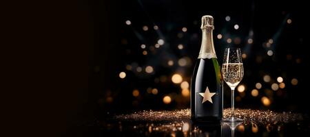 AI generated Generative AI, Golden champagne bottle mockup with glass on dark background, golden lights and confetti photo