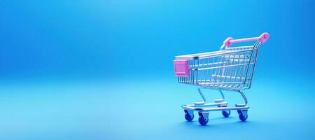 AI generated Generative AI, empty shopping cart on blue background, minimalistic shop online, free delivery, discounts and sale concept. photo