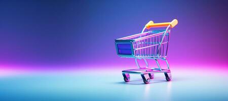 AI generated Generative AI, shopping cart on neon gradient background, 80s and 90s style, minimalistic shop online, free delivery, discounts and sale concept. photo