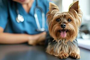 AI generated Generative AI, cute small dog being examined by professional veterinarian in vet clinic photo