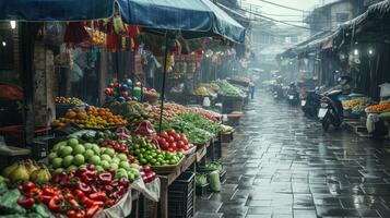 AI generated Generative AI, Traditional oriental asian market with fruits and vegetables under the rain with umbrellas photo