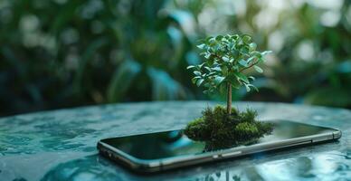 AI generated Generative AI, Plant growing from the smartphone screen. Ecology and environment concept photo