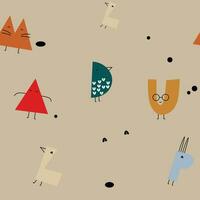 Cute geometric seamless pattern for kids with hand drawn animals. Vector illustration.