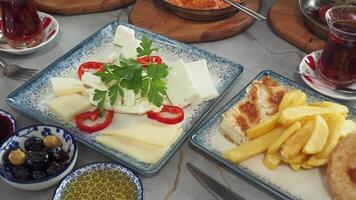 top view of turkish spread breakfast. video