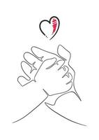 Continuous, single line drawing of mother and child hands holding a heart icon. Vector illustration concept.