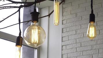 Close up for led light bulbs of different forms hanging on black wires from the ceiling in the room with white brick walls. Media. Beautiful retro light bulbs on tree branch, home decoration elements. photo