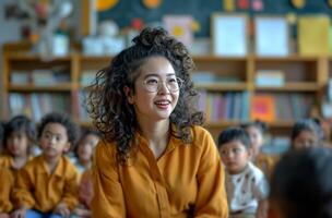 ai generado un profesor es hablando a un clase de niños foto