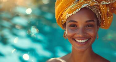 ai generado un mujer vistiendo un oro turbante sonriente foto