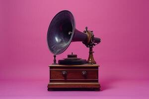 AI generated an antique gramophone sitting on a wooden stand in a purple room photo