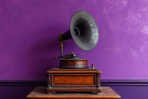 AI generated an antique gramophone sitting on a wooden stand in a purple room photo