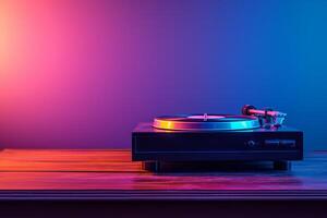 AI generated old gramophone on wooden table in a purple room photo