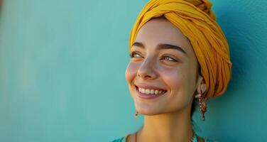 ai generado un sonriente mujer en un amarillo turco turbante foto