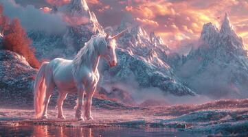 ai generado un unicornio es en pie en frente de montañas, plata y rosado foto
