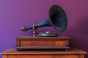 AI generated old gramophone on wooden table in a purple room photo