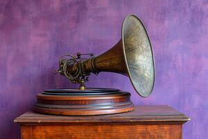 AI generated an antique gramophone sitting on a wooden stand in a purple room photo