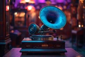 AI generated old gramophone on wooden table in a purple room photo