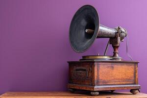 AI generated an analog gramophone on a wooden horchow stand in front of a purple wall photo