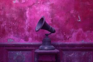 AI generated an oldworld phonograph is on a pedestal at a purple wall photo